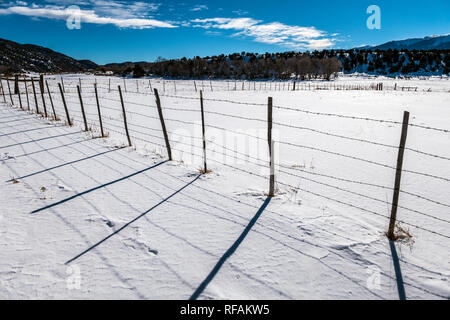 Stacheldraht zaun wirft Schatten auf Neuschnee; Vandaveer Ranch; Salida, Colorado, USA Stockfoto