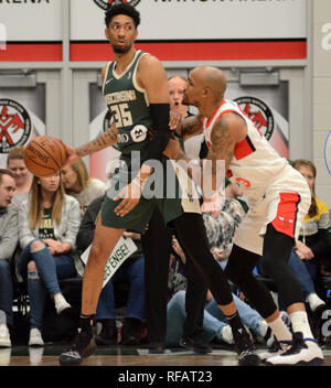 Oshkosh, Wisconsin, USA. 23 Jan, 2019. Wisconsin Herde vorwärts Christian Holz sieht für eine offene Mannschaftskamerad während eines NBA-G-League Spiel zwischen der windigen Stadt Stiere und der Wisconsin Herde am Menominee Nation Arena in Oshkosh, Wisconsin. Ricky Bassman/CSM/Alamy leben Nachrichten Stockfoto