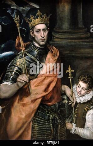 Domenikos Theotokopoulos, El Greco (1541-1614). Maler. Spanische Renaissance. Saint Louis, König von Frankreich und eine Seite. 1585-1590. Museum Louvre. Paris. Frankreich. Stockfoto