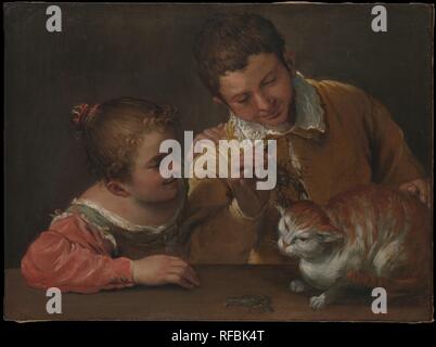 Zwei Kinder Hänseleien ein Cat. Artist: Annibale Carracci (Italienisch, Bologna 1560-1609 Rom). Abmessungen: 26 x 35 in. (66 x 88,9 cm). In diesem Bild ist der Betrachter aufgefordert, sich vorzustellen, das Ergebnis von hänseleien ein offensichtlich unglücklich Cat (kann man fast hören Es KNURREN). Denn die Hand des kleinen Mädchens wird zerkratzt werden. Das Bild damit einen Zeitfaktor und trägt eine Lektion in "schlafende Hunde liegen lassen' und 'Don't Go stossen um vipern." Mit einer Unmittelbarkeit und Spontaneität, freuen Sie sich auf die Kunst des 19. Jahrhunderts gemalt, dieses Bild ist eines der ersten italienischen Genrebilder. Es Stockfoto