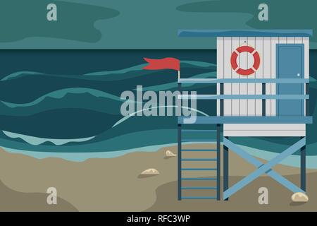 Strand Landschaft mit einem Rettungsschwimmer Haus während eines Sturms. Flache Vector Illustration. Stock Vektor