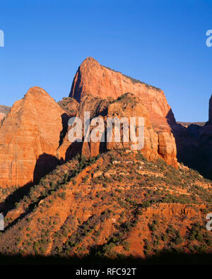 USA, Utah, Zion National Park, Sonnenuntergang rötet Navajo Sandstein Klippen von Holz Top Mountain, Kolob Canyons area. Stockfoto