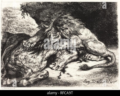 Lion Devorant un Cheval (Lion frisst ein Pferd). Stand: 1844. Abmessungen: Bild: 17 x 23,6 cm (6 11/16 x 9 5/16 in.) Blatt: 27,5 x 36 cm (10 13/16 x 14 3/16 in.). Medium: Lithographie auf Webte Papier. Museum: Nationalgalerie, Washington DC. Autor: Eugene Delacroix. Stockfoto