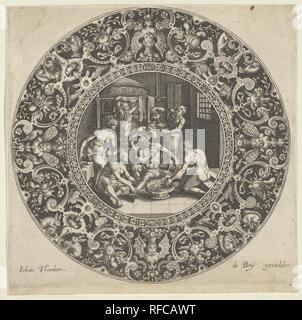 Sardanapal in der Badewanne. Artist: Nach Maerten de Vos (Niederländischen, Antwerpen Antwerpen 1532-1603); Johann Theodor de Bry (Niederländischen, Straßburg 1561-1623 Bad Schwalbach); nach Crispijn de Passe der Ältere (Niederländischen, Arnemuiden 1564-1637 Utrecht). Maße: Blatt: 2 1/2 x 2 9/16 in. (6,4 × 6,5 cm). Datum: 1576-1623. Eine Szene mit der bärtige Gestalt des Sardanapal, der Assyrische König, in einem Bad in der Mitte, durch sechs Teilnahme an Slaves umgeben. Die Szene ist von einer kreisförmigen Zierpflanzen Fries mit Paaren von Tieren und Gruppierungen von Obst eingerahmt. Von einer rechteckigen Drucken von Crispijn de Passe kopiert Stockfoto
