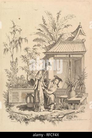 Chinoiserie Szene mit Figuren in einer Landschaft. Artist: Nachdem François Boucher (Französisch, Paris 1703-1770 Paris); Gabriel Huquier (Französisch, Orléans, Paris 1695-1772). Maße: Blatt: 20 15/16 x 13 11/16 in. (53,2 x 34,8 cm) Platte: 13 1/8 x 9 1/8 in. (33,4 x 23,2 cm). Herausgeber: Gabriel Huquier (Französisch, Orléans, Paris 1695-1772). Datum: 18. Museum: Metropolitan Museum of Art, New York, USA. Stockfoto