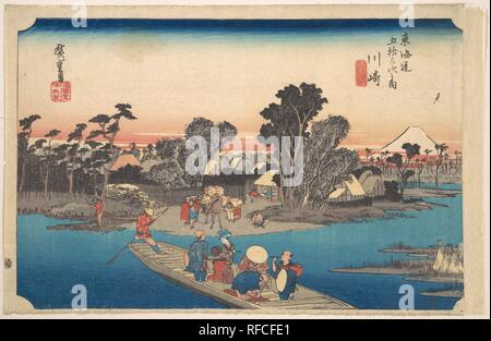 Fähre überqueren der Rokugo River. Artist: Utagawa Hiroshige (Japanisch, Tokyo (EDO) 1797-1858 Tokyo (EDO)). Kultur: Japan. Abmessungen: 9 15/32 x 14 3/4 in. (24,1 x 37,5 cm). Datum: Ca. 1834. Museum: Metropolitan Museum of Art, New York, USA. Stockfoto
