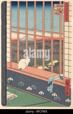 Nachtschwärmer aus der Tori no Machi Festival in Asakusa, aus der Serie 100 berühmten Ansichten von Edo zurück. Artist: Utagawa Hiroshige (Japanisch, Tokyo (EDO) 1797-1858 Tokyo (EDO)). Kultur: Japan. Abmessungen: 13 1/16 x 8 11/16 in. (33,2 x 22,1 cm). Datum: 1857. Die Inschrift auf diesem drucken sagt uns, dass die Szene in Asakusa Tammbo, einem berühmten Gay Viertel im östlichen Teil von Edo befindet. Man kann also vermuten, dass dies eine der Geisha Häuser für die asakusa Tammbo bekannt war. Vielleicht die Gastgeberin und Ihre Gäste sind auf der anderen Seite er Folding Screen, der auf einem Ständer Stockfoto