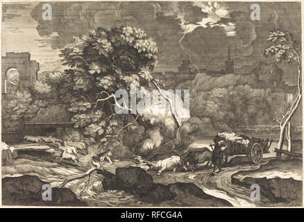 Landschaft mit einem verängstigten Wagoner. Medium: Gravur. Museum: Nationalgalerie, Washington DC. Autor: Sébastien Bourdon. Stockfoto