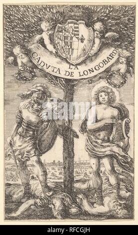 Frontispiz für "Der Fall des Longobardi' (La Caduta de' Longobardi), Gedichte von sigismond Boldoni; einen Lorbeerbaum in der Mitte, die zwei Putti nach oben das Wappen von Christine von Frankreich, Herzogin von Savoyen, denen die Gedichte gewidmet sind, zwei Putti unten halten das Banner mit dem Titel, Kränze von Lorbeer auf die Köpfe von Apollo am rechten und Mars auf der linken Seite. Artist: Stefano Della Bella (Italienisch, Florenz 1610-1664 Florenz). Maße: Blatt: 4 1/2 x 2 3/4 in. (11,5 x 7 cm). Datum: 1656. Museum: Metropolitan Museum of Art, New York, USA. Stockfoto