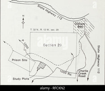 . Wachstum und Ertrag von Western Hemlock im Pazifischen Nordwesten nach Verdünnung in der Nähe der ursprünglichen Krone schließen. Wald Ausdünnung Nordwesten, Pazifik, Bäume, Pacific Northwest Wachstum; Western Hemlock Nordwesten, Pazifik. Straße von Juan de Fuca. Abbildung 3. - Nähe Karte der westlichen hemlock Abstand Behandlung Studie in der Nähe von clallam Bay. Washington. Wir wählten 10 Behandlungen für studieren. Sechs der Behandlungen wurden frühen Durchforstungen Schnitt im Jahr 1971 im Alter von 11 Jahren. Die anderen vier waren spät Durchforstungen auf bestimmten Ebenen der Grundfläche. Alle Parzellen wurden völlig zufällig innerhalb der Studie zugeordnet sind Stockfoto