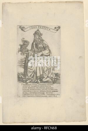 Der Prophet Jona, von Propheten und Sibyllen. Artist: Francesco Botticini (Florenz 1448-1508/27 Venedig (?)); Nach Baccio Baldini (Italien, Florenz 1436?-?1487). Maße: Blatt: 11 1/2 x 8 1/16 in. (29,2 × 20,4 cm) Platte: 6 7/8 x 4 1/8 in. (17,5 × 10,5 cm). Serie/Portfolio: Propheten und Sibyllen. Datum: 1480-90. Dieser Ausdruck ist Teil einer Serie besteht aus vierundzwanzig Propheten und zwölf Sibyllen, modelliert nach der Serie von dem gleichen Thema von Baccio Baldini (tib. 2403.052-089). Von Rosselli Stiche sind in der breiten Art und Weise ausgeführt und im italienischen Stil, in der Erwägung, dass Baldini's sind in der Feinen Stockfoto