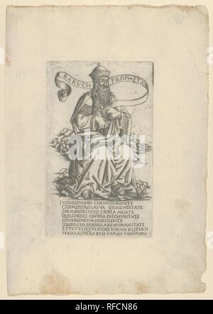 Der Prophet Jeremia, von Propheten und Sibyllen. Artist: Francesco Botticini (Florenz 1448-1508/27 Venedig (?)); Nach Baccio Baldini (Italien, Florenz 1436?-?1487). Maße: Blatt: 11 1/2 x 8 in. (29,2 × 20,3 cm) Platte: 7 x 4 1/4 in. (17,8 × 10,8 cm). Serie/Portfolio: Propheten und Sibyllen. Datum: 1480-90. Dieser Ausdruck ist Teil einer Serie besteht aus vierundzwanzig Propheten und zwölf Sibyllen, modelliert nach der Serie von dem gleichen Thema von Baccio Baldini (tib. 2403.052-089). Von Rosselli Stiche sind in der breiten Art und Weise ausgeführt und im italienischen Stil, in der Erwägung, dass Baldini's sind in der feinen Art und Weise Stockfoto