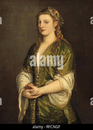 Bildnis einer Dame. Vom: C. 1555. Maße: gesamt: 97,8 × 73,8 cm (38 1/2 x 29 1/16 in.) gerahmt: 123 x 99,4 x 9,8 cm (48 5/6 x 39 1/8 x 3 7/8 in.). Medium: Öl auf Leinwand. Museum: Nationalgalerie, Washington DC. Autor: tizian. Stockfoto
