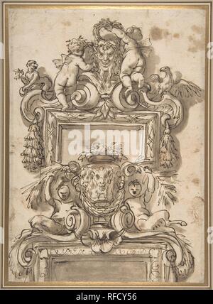 Design für eine Overdoor Dekoration (recto); Rinceaux (verso). Artist: Gregorio de' Ferrari (Italienisch, Porto Maurizio 1647-1726 Genua). Abmessungen: 11-5/16 x 8-1/16-in. (28,8 x 20,4 cm). Datum: Ca. 1670-90. Dieses Blatt enthält zwei Ideen für die Dekoration eines Rahmen, in dem ein Satyr im Mittelpunkt. In der Konstruktion auf der Oberseite ein Satyr Maske wird mit einem lorbeerkranz von zwei Engeln gekrönt, während in der unteren Design, eine Vase mit Satyr Masken geschmückt ist zentral an der Oberseite des Rahmens platziert und wird durch die Zahlen von zwei jungen Satyrn flankiert. Da nur ein kleiner Teil des Rahmens ist weiter unten abgebildet, es i Stockfoto