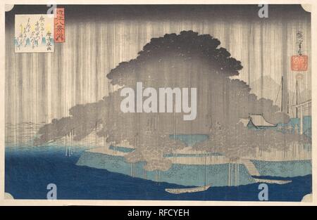 Regen in der Nacht bei Karasaki, aus der serie Acht Ansichten von O-mi. Artist: Utagawa Hiroshige (Japanisch, Tokyo (EDO) 1797-1858 Tokyo (EDO)). Kultur: Japan. Abmessungen: Bild: 8 3/4 x 13 5/8 in. (22,2 × 34,6 cm). Datum: Ca. 1835. Karasaki war berühmt für seine alten Kiefern, die als Heilige verehrt wurde. Bilder von Karasaki am Abend Regen waren unter den ersten, die Manifestationen der Acht Ansichten Thema, bei O-mi, die Gegend um den Biwa, südöstlich von Kyoto. Der Eindruck von durchtränken Regen wurde durch ein Bild der schönen, vertikale Tintenleitungen über die gedämpften Farbabstufungen der überlagerten erreicht Stockfoto