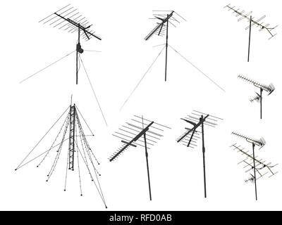 Set mit Antennen. Silhouetten von detaillierten Antennen. Antennen in Isometrie. Vector Illustration. Stock Vektor