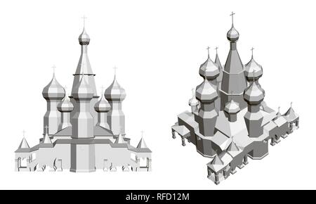 Kirche mit Kuppeln. Detaillierte Modell der Kirche. Vector Illustration. Vorderansicht und Isometrie. Stock Vektor
