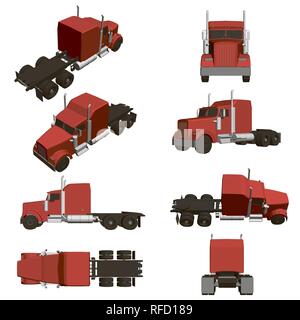 Set mit Lastwagen. 8 Lkw in verschiedenen Positionen, vorne, oben, hinten, isometrische. 3D-Vektor Illustration. Stock Vektor