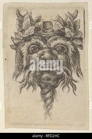 Satyr Maske mit einem Spiral-Shaped Bart und Efeu um jedes Horn gruppiert, von Tauchern Masken. Artist: Francois Chauveau (Französisch, Paris 1613-1676 Paris). Maße: Blatt: 2 1/2 x 1 5/8 in. (6,3 × 4,2 cm). Herausgeber: Herausgegeben von Jacques van Merlen (Flandern, Antwerpen 1616-1682 Paris). Serie/Portfolio: Taucher Masken. Datum: Ca. 1635-45. Aus einer Reihe von 19 Platten mit grotesken Masken gewidmet, Jean de Leins, Goldschmied, der Königin von England und von Jacques van Merlen in Paris veröffentlicht. Die Platten sind nicht nummeriert und in verschiedenen Aufträgen angezeigt. Museum: Metropolitan Museum of Art, New Yo Stockfoto