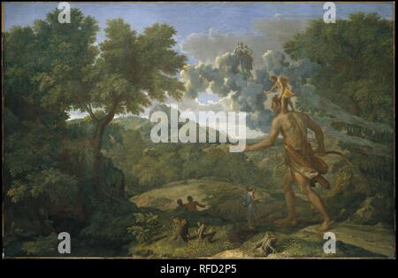 Blinde Orion auf der Suche nach der aufgehenden Sonne Künstler: Nicolas Poussin (Französisch, Les Andelys 1594-1665 Rom). Abmessungen: 46 7/8 x 72 in. (119,1 x 182,9 cm). Datum: 1658. Für seine Darstellung des gigantischen Hunter, lackiert Für Michel Passart, Poussin auf der griechischen Schriftsteller Lucian zog: 'Orion, der blind ist, ist Durchführung Cedalion, und die letztere, Reiten auf dem Rücken, zeigt ihm den Weg in die Sonne. Die aufgehende Sonne ist heilend sein] Verblendung [.' Poussin studierte auch dem sechzehnten Jahrhundert Kommentar auf die Geschichte von Natalis kommt, leistet sich eine meteorologische Interpretation. Er deshalb hinzugefügt, Diana, Standi Stockfoto