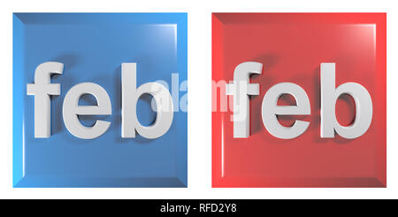 Blau und Rot Paar quadratische Tasten FEBRUAR - 3D Rendering illustration Stockfoto