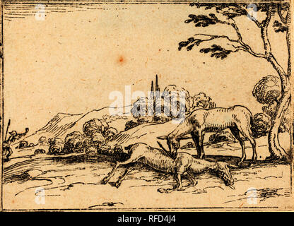 Doe Trauer ihr Fohlen. Medium: Radierung. Museum: Nationalgalerie, Washington DC. Autor: Jacques Callot. Stockfoto