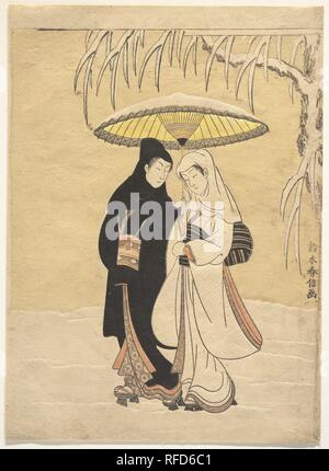 Liebhaber Wandern im Schnee (Crow und Reiher). Artist: Suzuki Harunobu (Japanisch, 1725-1770). Kultur: Japan. Abmessungen: H.11 cm. (28,6 cm); W. 8 1/8 in. (20,6 cm) Medium - Größe drucken (Chu-Verbot). Datum: 1764-72. Aller ukiyo-e druckt von Liebhabern, die romantische und melancholische Stimmung schafft. Harunobu betont die Intimität der beiden Liebenden einen Spaziergang im Schnee, sogar vorgeschlagen Vielleicht ein michiyuki, einen Pfad zu einem Liebe Selbstmord. Die Paare gehen gemeinsam in der leise fallenden Schnee, in das, was ist bekannt als Ai ai Gasa darstellen, buchstäblich, die gemeinsame Nutzung von einem Sonnenschirm und Liebe. Harunobu, das beschäftigungsprojekt Stockfoto