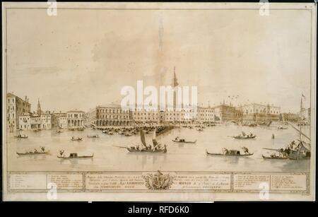 Panorama von Venedig aus dem Bacino di San Marco, darunter das Projekt für die Vorgeschlagene Teatro Manin. Artist: Francesco Guardi (Italienisch, Venedig Venedig 1712-1793). Abmessungen: 18 11/16 x34 13/16-in. (47,5 x 88,5 cm). Datum: Ca. 1788-93. Dieses große panorama Lager eine Widmung zu Ludovico Manin, der letzte Doge von Venedig, war wahrscheinlich für die Gravur bestimmt sind, eine Tatsache, die seine relativ hohe Ende erklärt. Die Zeichnung wurde wahrscheinlich beabsichtigt die Einleitung eines Theater (in der Mitte links eingefügt) zu Ehren des Dogen zu markieren. Wie die Geschichte es haben würde, Teatro Manin wurde nie gebaut, und Ludo Stockfoto