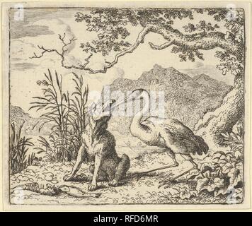 Der Storch entfernt einen Knochen aus der Wolf Kehle von Hendrick van Alcmar's Renard der Fuchs. Artist: Allart van Everdingen (Niederländisch, Alkmaar Amsterdam 1621-1675). Abmessungen: Platte: 3 13/16 x 4 1/2 in. (9,7 × 11,5 cm) Datenblatt: 4. × 4 13/16-in. (10,2 × 12,2 cm). Datum: 1650-75. Museum: Metropolitan Museum of Art, New York, USA. Stockfoto