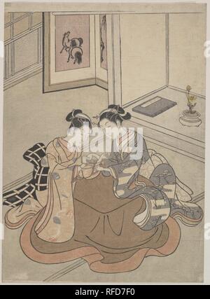 Zwei junge Frauen sitzen durch einen Kotatsu spielen Cat's Cradle. Artist: Suzuki Harunobu (Japanisch, 1725-1770). Kultur: Japan. Abmessungen: H.11 cm. (28,6 cm); W. 8 1/8 in. (20,6 cm). Datum: Ca. 1765. Museum: Metropolitan Museum of Art, New York, USA. Stockfoto