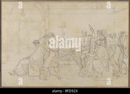 Der Tod des Sokrates. Artist: Jacques Louis David (Französisch, Paris 1748-1825 Brüssel). Maße: Blatt: 11. × 16 cm. (27,9 × 41,6 cm). Datum: Ca. 1786. Dieses Blatt ist eine Studie für Jacques Louis David's Malerei 1787, Der Tod des Sokrates, der die Met Collection 1931 eingetragen. Das Thema des Todes der Griechische Philosoph im Gefängnis wurde zum ersten Mal von David 1782 erforscht, aber er kehrte mit erneuerten Zweck als Charles Michel Trudaine de la Sablière, einem wohlhabenden conseiller in der Pariser Parlament, von ihm ein Gemälde auf das Thema im Jahr 1786 in Betrieb genommen. Die vier Jahren dazwischen Stockfoto