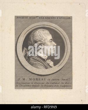 Portrait von Jean-Michel Moreau. Artist: Nach Charles Nicolas II Cochin (Französisch, Paris 1715-1790 Paris); Augustin de Saint-Aubin (Französisch, Paris 1736-1807 Paris). Maße: Blatt: 8 7/16 x 7 3/8 in. (21,4 × 18,8 cm) Platte: 5 3/8 x 4 1/2 in. (13,6 × 11,4 cm). Sitter: Jean Michel Moreau der Jüngere (Französisch, Paris 1741-1814 Paris). Datum: 1787. Museum: Metropolitan Museum of Art, New York, USA. Stockfoto