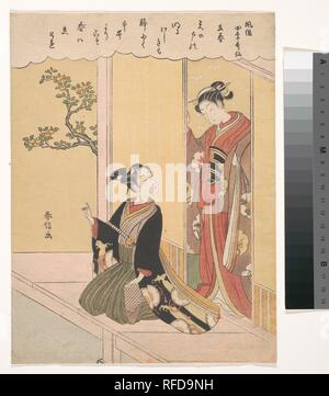 Der erste Tag des Frühlings (Risshun), aus der serie Modische poetische Unsterblichen der Vier Jahreszeiten (Fuzoku shiki Kasen). Artist: Suzuki Harunobu (Japanisch, 1725-1770). Kultur: Japan. Abmessungen: 11 x 8 1/4 in. (27,9 x 21 cm). Datum: Ca. 1768. Ein junger Mann mit einem Schwert in seine Flügel versteckt sieht bis auf eine junge Frau in der Tür, als er Gesten in Richtung einer bitter-orange (daidai) Baum im Garten. Der Künstler Wortspiele auf einer klassischen Gedicht von Fujiwara no Shunzei (1114-1204), bezieht sich auf das Öffnen der Tore des Himmels (Ama nicht zu) zeigt eine junge Frau Eröffnung regen Fensterläden (amado). Das Gedicht liest Stockfoto