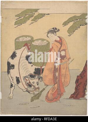 Eine Frau Fegen herauf Ihre Liebesbriefe. Artist: Suzuki Harunobu (Japanisch, 1725-1770). Kultur: Japan. Abmessungen: 11 1/8 x 8 1/2 in. (28,3 x 21,6 cm). Datum: 1725-1770. Eine schöne Frau mit einem Besen blickt zurück auf Körbe voller Liebe Briefe von einem Ochsen getragen. Die harunobu Bild spielt auf die beliebten chinesischen Legende von Kanzan (hanshan) und sein Begleiter Jittoku (Shede) aus der Tang Dynastie (618-907). Kanzan und Jittoku wurden in der Regel als Paar: Der ehemalige hält eine Sutra und die Letzteren ein Besen dargestellt. Museum: Metropolitan Museum of Art, New York, USA. Stockfoto