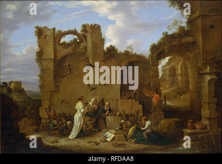 Die Versuchung des Heiligen Antonius. Malerei. Öl auf Leinwand Öl auf Leinwand. Höhe: 800 mm (31,49 in); Breite: 1.100 mm (43,30 in). Autor: David Teniers der Jüngere. TENIERS D.J., David. Stockfoto