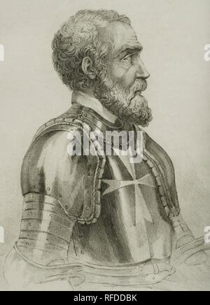 Jean Parisot de La Valette (1494-1568). Edle francés y Gran Maestre de la Orden de Malta. Grabado. Lemaitre Direxit. Panorama Universal. Historia de Malta y el Gozo, 1850. Biblioteca Histórico Militar de Barcelona, Cataluña, Spanien. Stockfoto