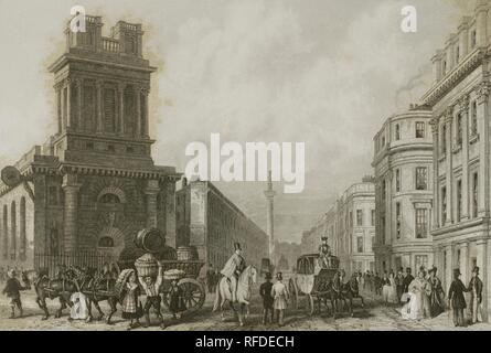 Reino Unido. Inglaterra. Londres. King William Street y la Iglesia anglicana de St. Mary Woolnoth. Ajetreo en la calle recién construida de King William Street, mirando hacia el monumento de Londres. En la esquina con Lombard Street, la Iglesia de St. Mary Woolnoth, diseñada por Nicholas Hawksmoor, a la Izquierda. Grabado por John Holz a partir de una composición por Thomas Hosmer Shepherd (1793-1864). "London und Umgebung", h. 1840 (Londres y sus Alrededores). Biblioteca Histórico Militar de Barcelona, Cataluña, Spanien. Stockfoto