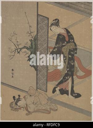 Junge Dame Suchen durch die Tür zu Ihren Kamuro (wenig Knecht) Wer schläft auf dem Boden. Artist: Suzuki Harunobu (Japanisch, 1725-1770). Kultur: Japan. Abmessungen: H.10 11/16 in. (27,1 cm); W. 8 1/4 in. (21 cm). Museum: Metropolitan Museum of Art, New York, USA. Stockfoto