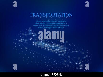 Polygonale Schiff. Polygonale Schiff Drahtmodell mit Containern für den Transport. Das Schiff wird von leuchtenden Lichter umgeben. Teino blauen Hintergrund. Isometrie Stock Vektor