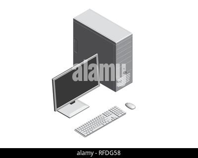 Vector Illustration eines Computers. Isometrie Systemeinheit, Monitor, Tastatur und Maus. 3D. Stock Vektor