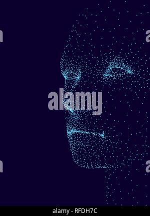 Das Gesicht eines Mannes, bestehend aus Punkten auf der Seite. Der Mann Gesicht auf einem dunkelblauen Hintergrund. Vector Illustration. Stock Vektor