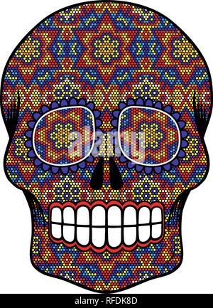 Abbildung: Schädel mit bunten Punkten, Design inpired in huichol Kunst und traditionellen mexikanischen Zucker Schädel isoliert auf weißem Stock Vektor