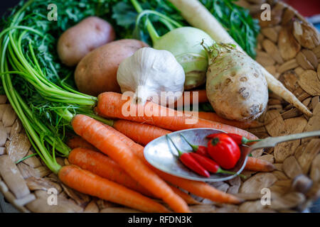 Karotten, Sellerie, Rüben, Chili und Knoblauch frisches Gemüse auf wicker Schüssel Vorbereitung zum Kochen Stockfoto