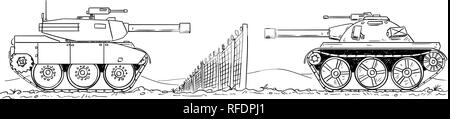 Cartoon Zeichnung von Zwei feindliche Panzer Verteidigen auf Grenze Stock Vektor