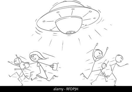 Cartoon Zeichnung der Masse von Menschen in Panik aus UFO oder fremdes Schiff Stock Vektor