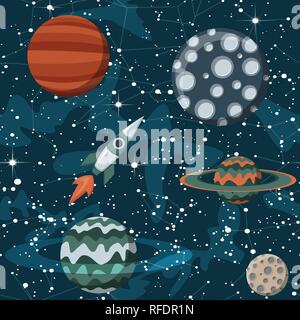 Comic Raum mit Planeten und Raumschiffe. Rocket Cartoon-, Stern- und science design Stock Vektor