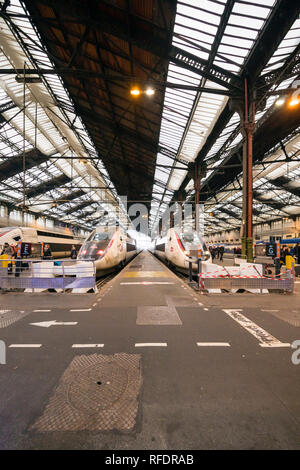 Frankreich, Paris, Gare de Lyon, Januar 2019: Hochgeschwindigkeitszüge am Bahnhof geparkt. Stockfoto