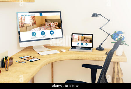 Reaktionsschnelle Geräte auf dem Desktop Ecke mit online Buchung Website 3D Rendering mockup Stockfoto