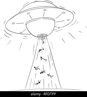 Cartoon Zeichnen von Alien Raumschiff oder UFO entführt die Menschen in der Lichtstrahl Stock Vektor