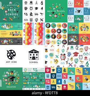 Digitale Vektor grün rot gelb Schule-Icons mit gezeichneten einfache Linie Kunst Musterdesign, Karte Kinder Globus Hut Glocke Uhr Stift Lineal Buch Apfel Mädchen Stock Vektor